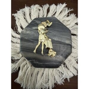 Vintage AJC Gold Tone Matte/Shine Fancy Shopping Lady With Dog Brooch